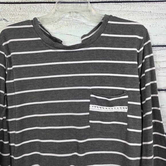 Umgee Gray White Stripe Lace-Up Back Long Sleeve Top L - Picture 3 of 10